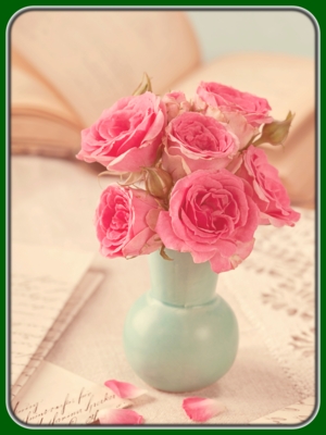 Pink Roses in Blue Vase