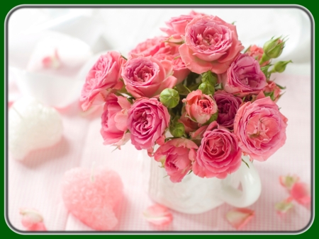 Bunch of Pink Roses with Buds in White Mug