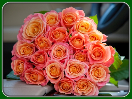 Bouquet of Orange Roses on Car Seat