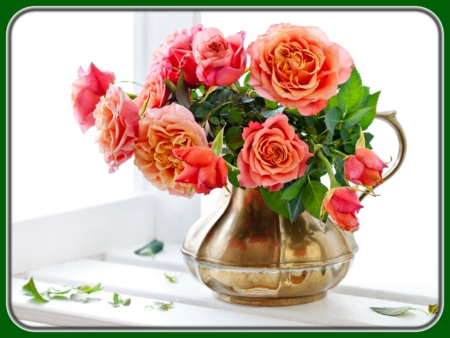 Orange Roses in Metal Vase