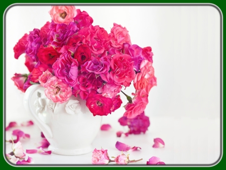 Pink and Red Roses in White Ceramic Pot