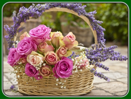 Pink and Yellow Roses in Basket