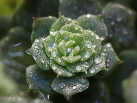 Beautiful hen and chicks plant with water drops
