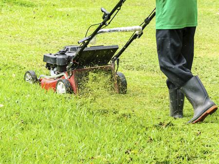 Worker mowing grass