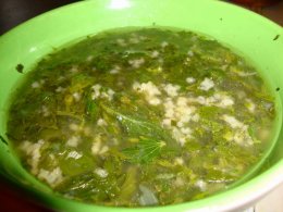 Nettle and fig buttercup sour soup in a green bowl