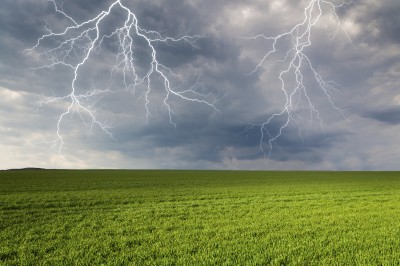 Thunderstorm with lightning in green meadow