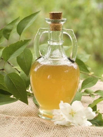 Apple cider vinegar in glass bottle, selective focus